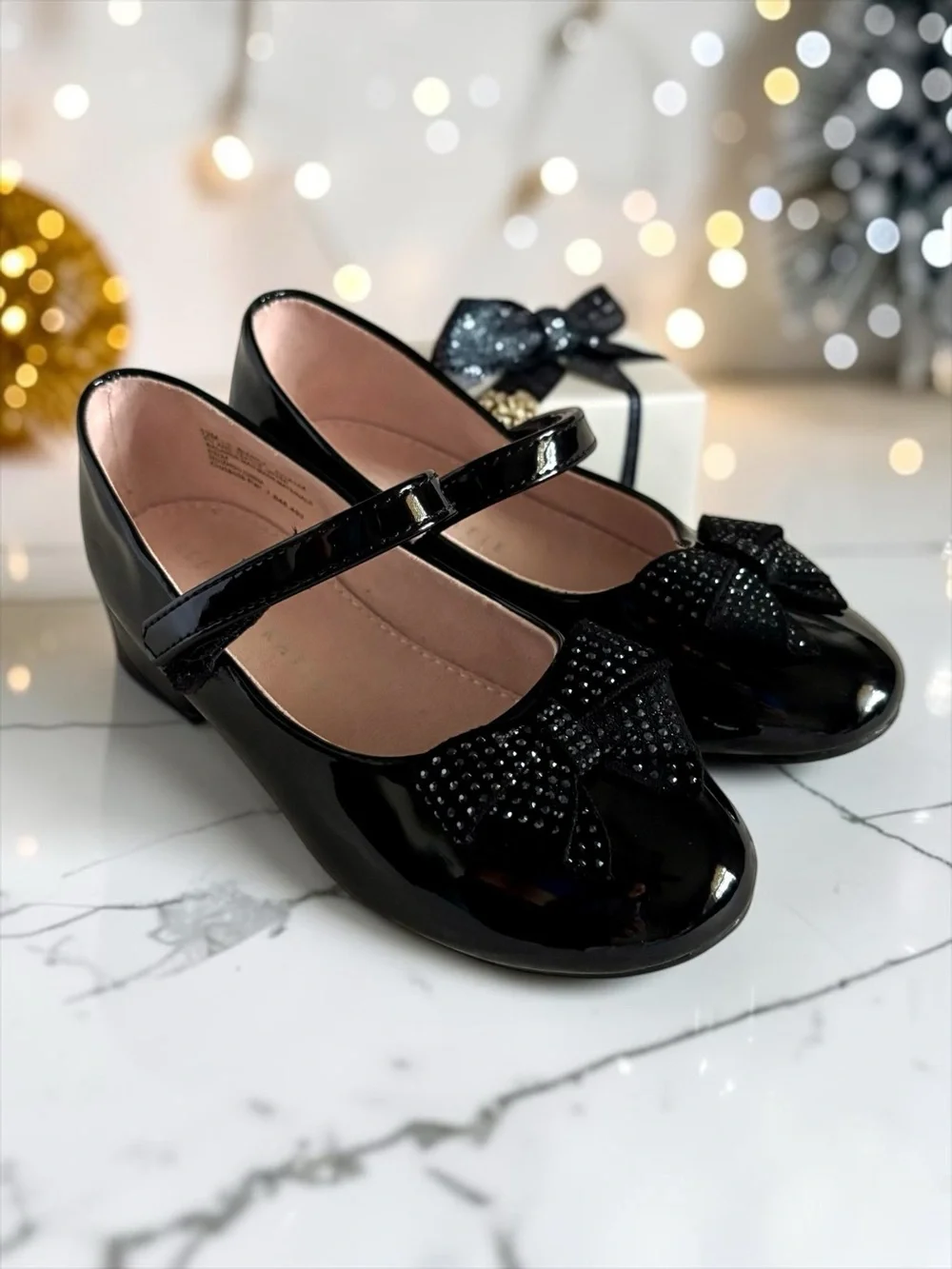 Kelly & Katie Toddler Girl Black Patent Rhinestone Bow Dress Flats | Size 12